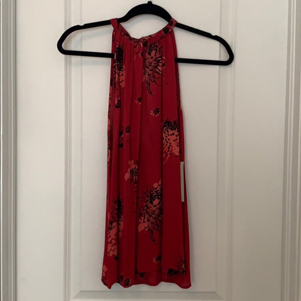 Red Floral silk top. High neck.